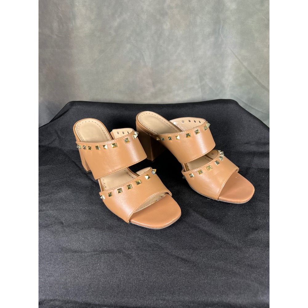 Adrienne Vittadini Anisette Tan Studded Block Heel Sandals Mules 8M